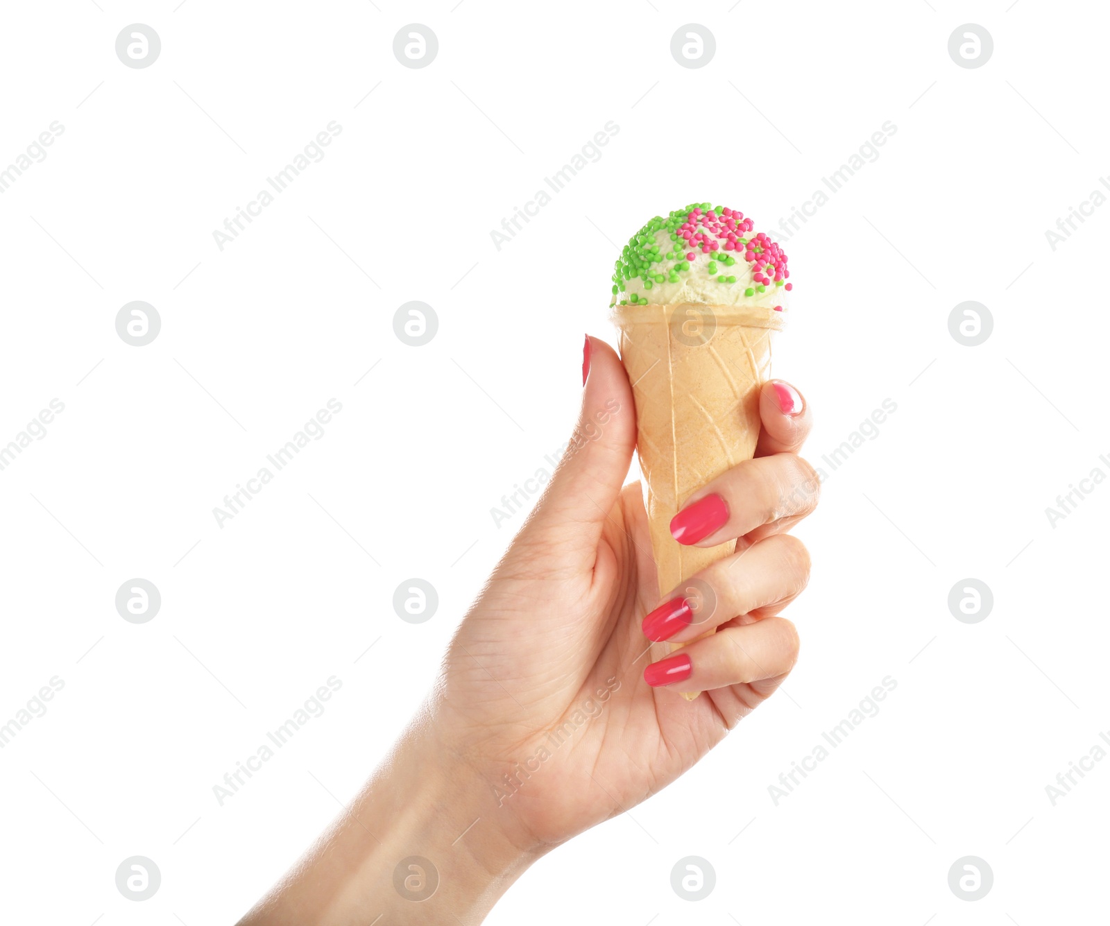 Photo of Woman holding yummy ice cream on white background. Focus on hand