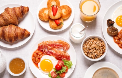 Buffet service. Tasty breakfast served on table, flat lay