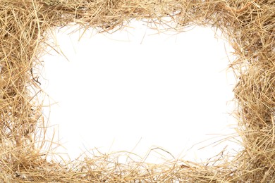 Photo of Frame made of dried hay on white background, top view. Space for text