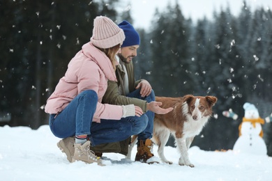 Photo of Cute couple with dog near forest. Winter vacation