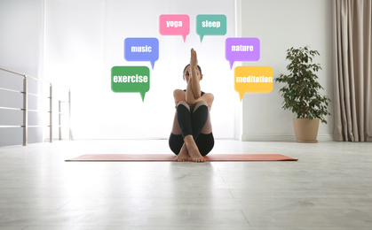 Image of Stress management techniques. Woman practicing yoga indoors