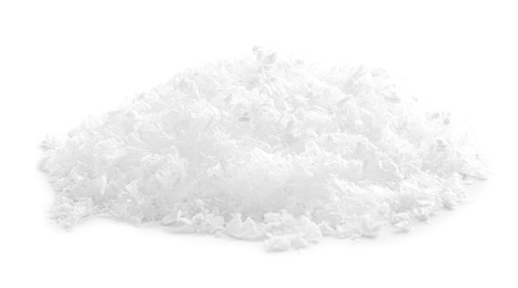 Photo of Heap of snow on white background. Christmas season