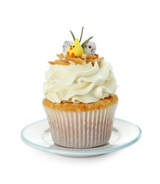 Photo of Tasty Easter cupcake with vanilla cream isolated on white