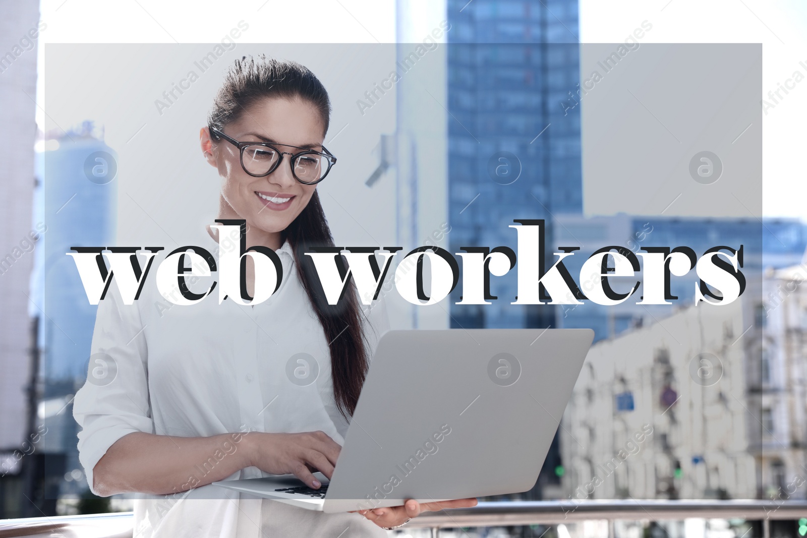 Image of Woman working with laptop outdoors. Web workers