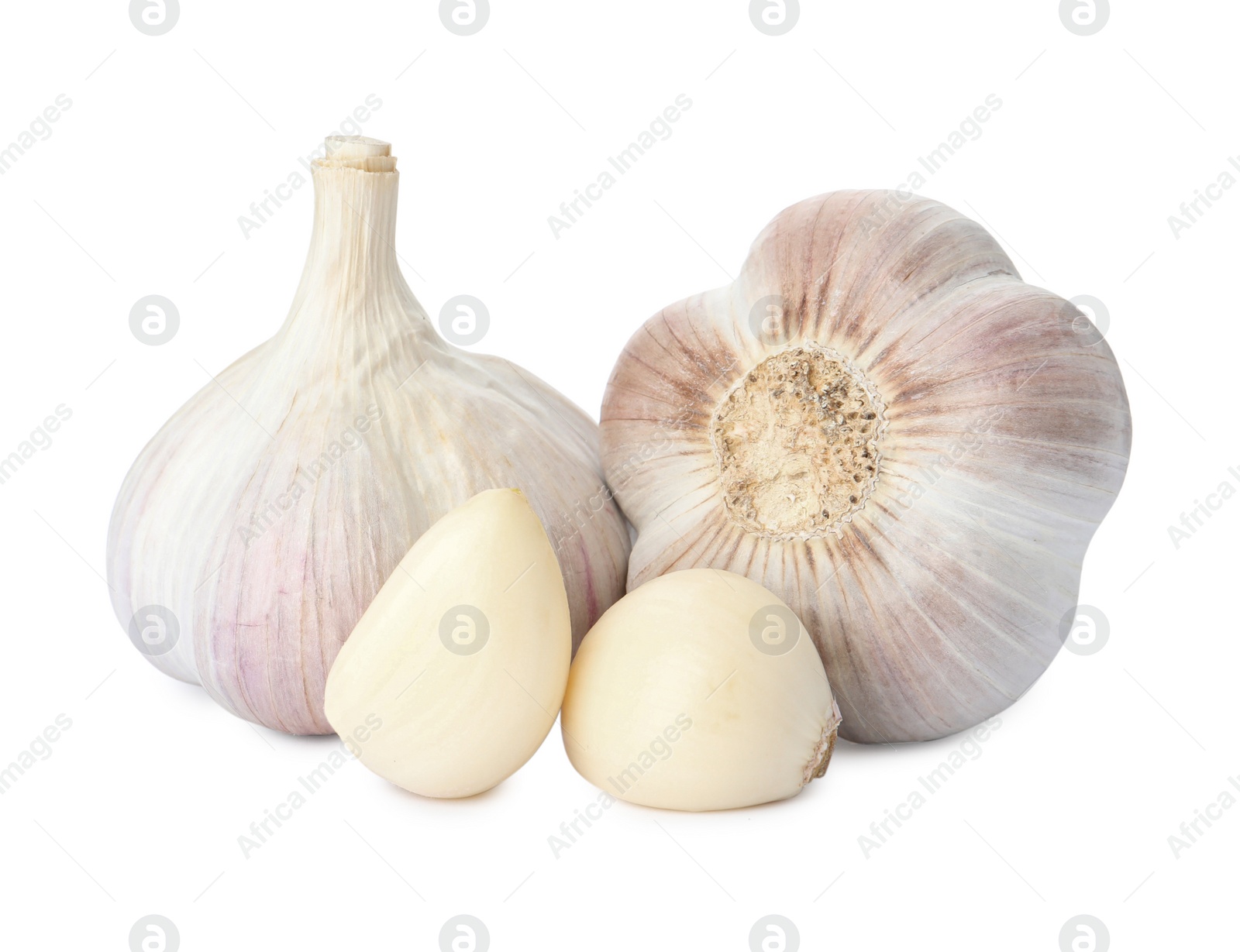 Photo of Fresh organic garlic bulbs and cloves on white background