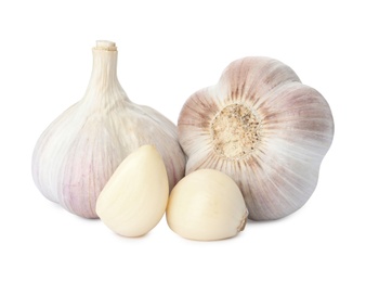 Photo of Fresh organic garlic bulbs and cloves on white background