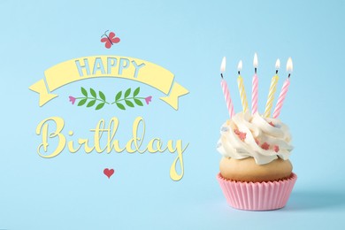 Image of Happy Birthday! Delicious cupcake with candles on light blue background