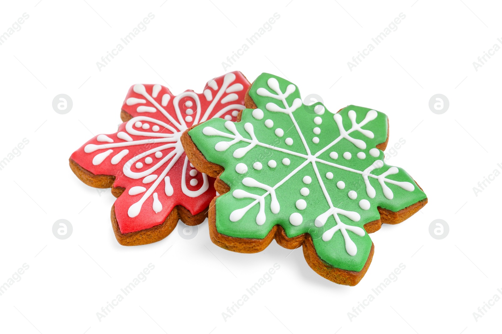 Photo of Tasty Christmas cookies in shape of snowflakes isolated on white