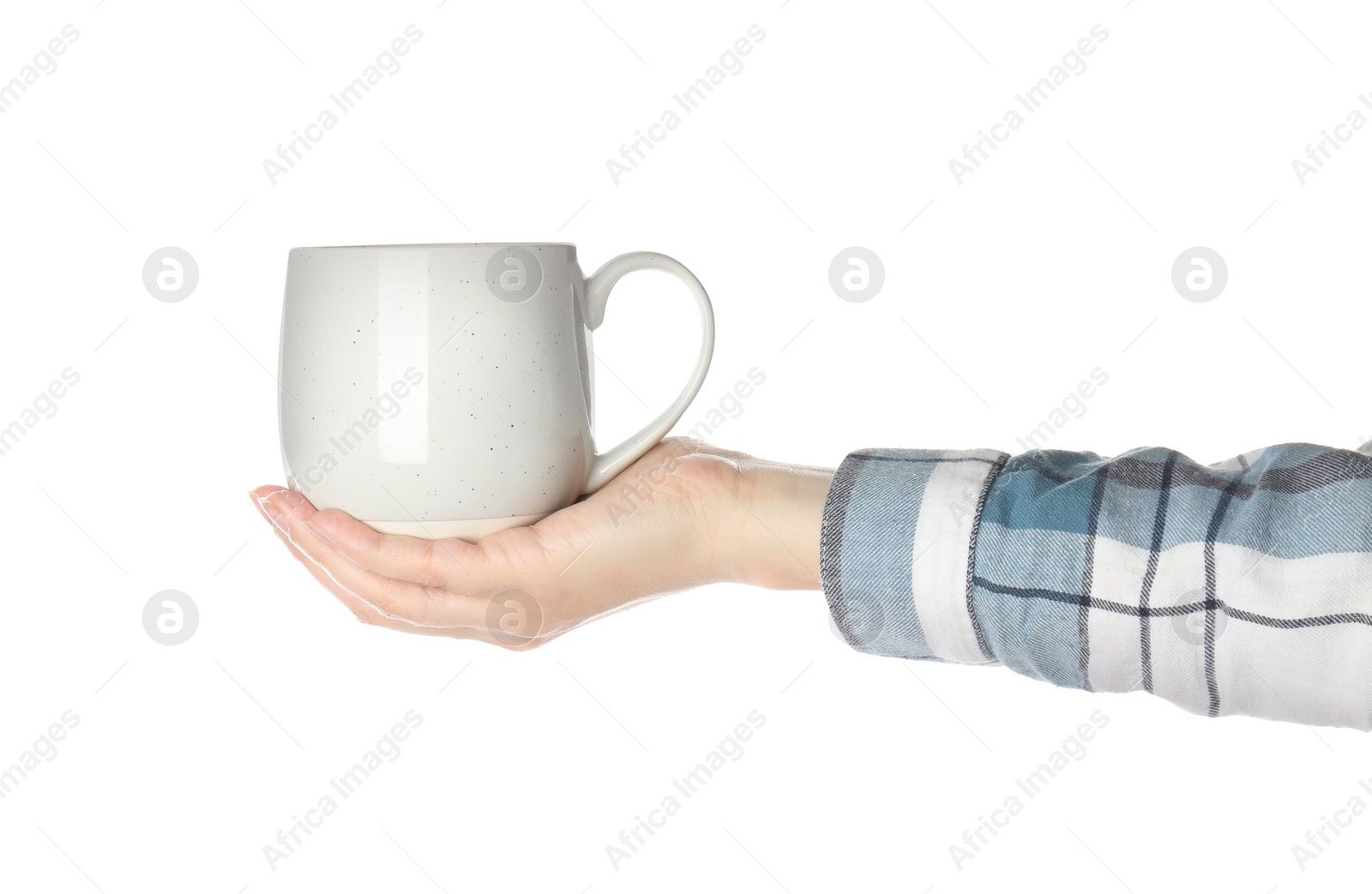 Photo of Woman holding cup on white background, closeup