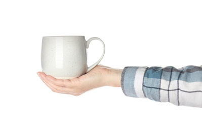 Photo of Woman holding cup on white background, closeup