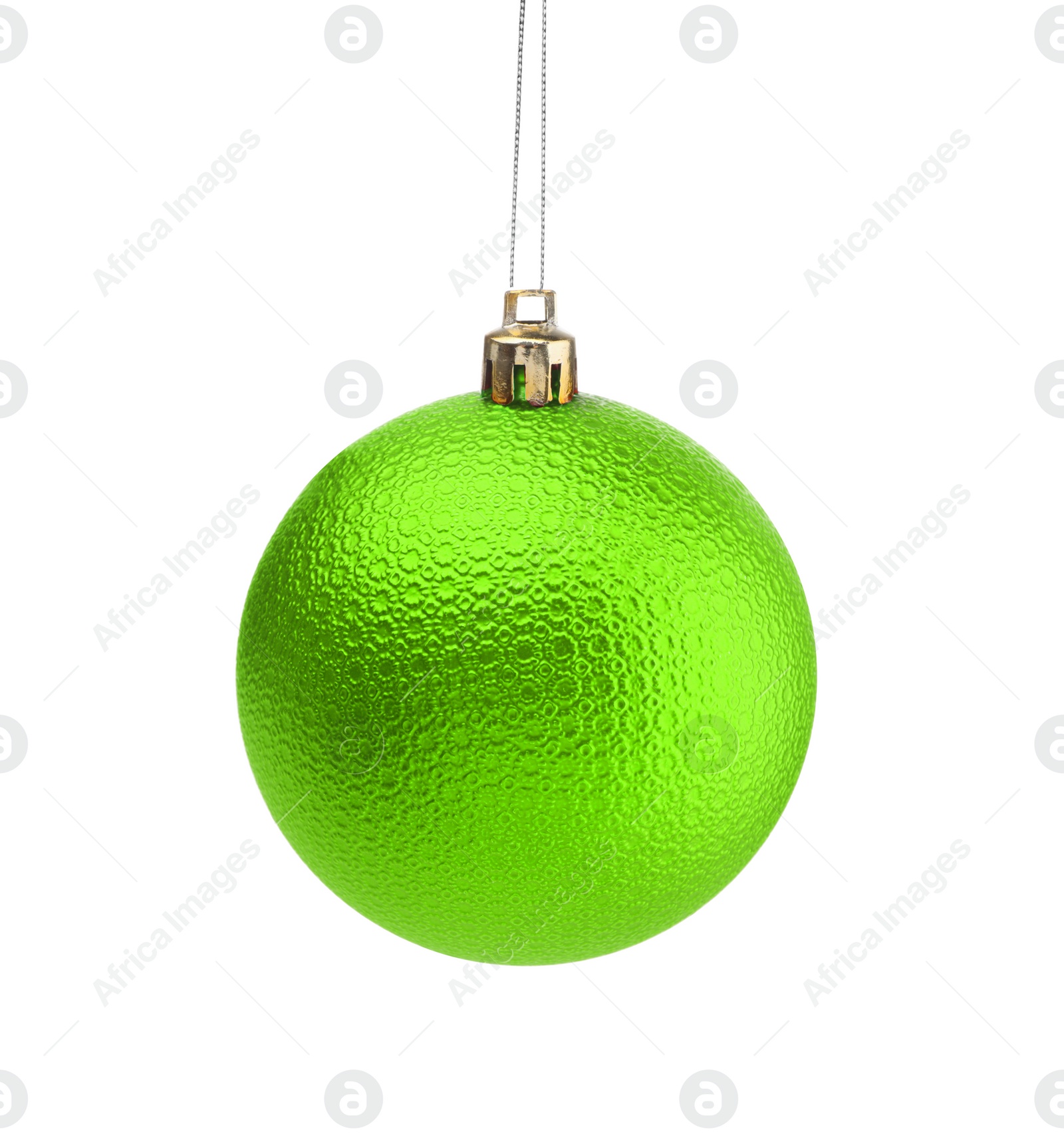 Image of Green Christmas ball hanging on white background