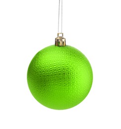 Image of Green Christmas ball hanging on white background