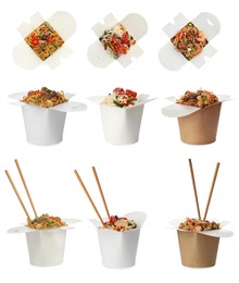 Set with boxes of tasty wok noodles on white background