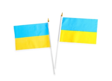 National flags of Ukraine isolated on white, top view