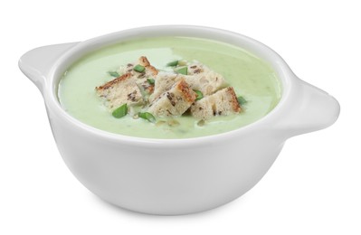 Photo of Delicious asparagus soup with croutons and green onion on white background