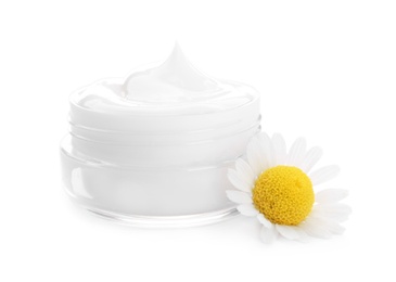 Photo of Chamomile flower and jar of cream on white background