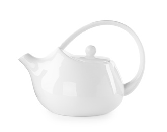 Photo of Stylish empty ceramic teapot isolated on white
