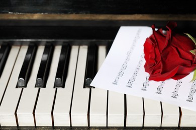 Photo of Beautiful red rose and musical notes on piano keys, space for text