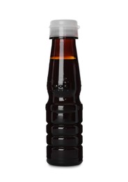 Bottle of tasty soy sauce isolated on white