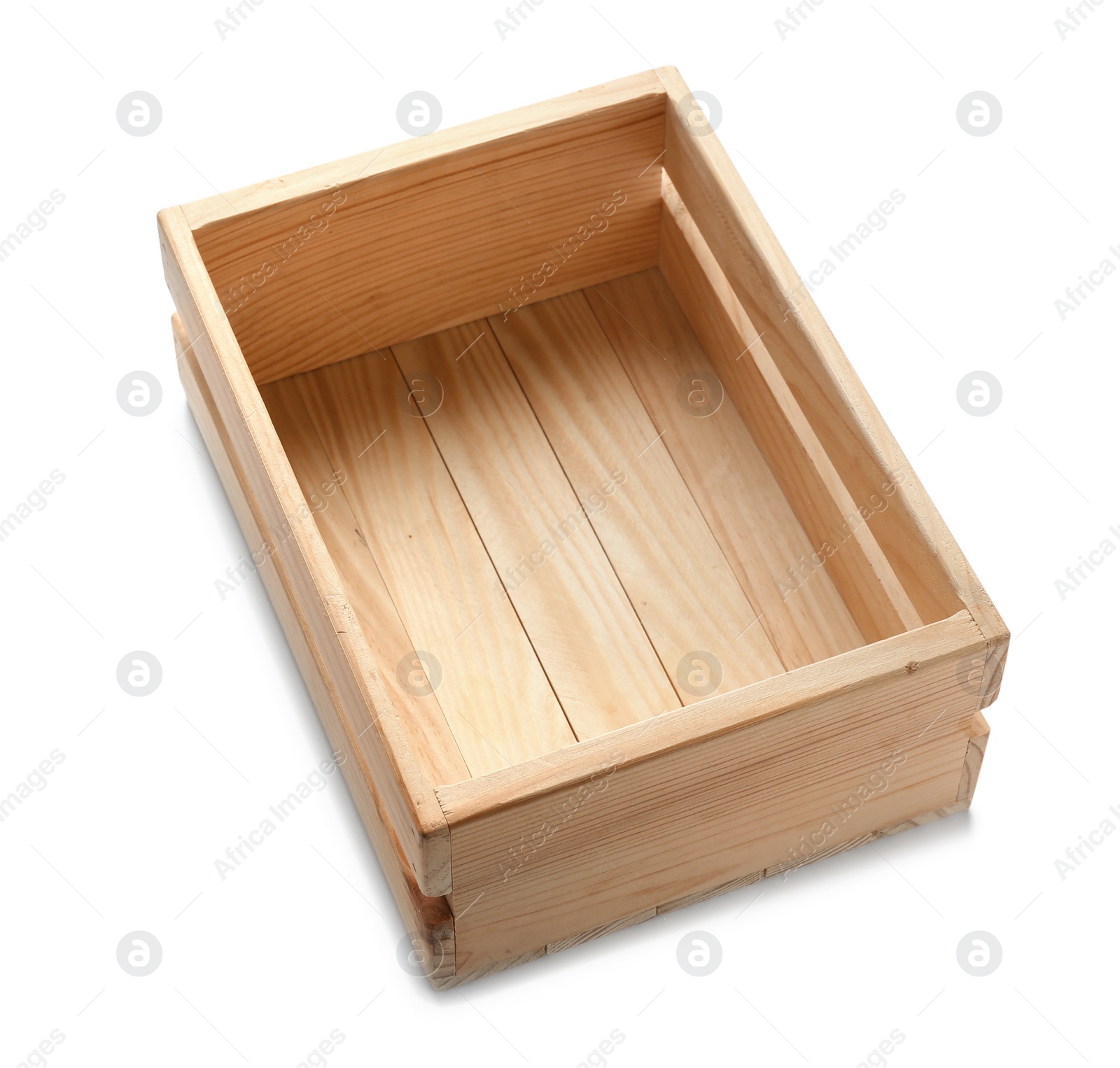 Photo of Empty brown wooden crate on white background