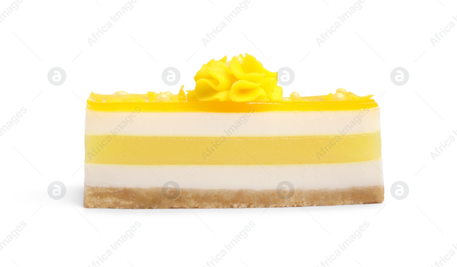 Photo of Piece of delicious cheesecake with lemon isolated on white