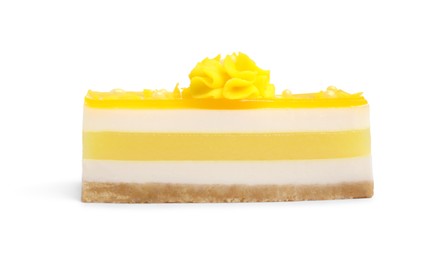 Photo of Piece of delicious cheesecake with lemon isolated on white