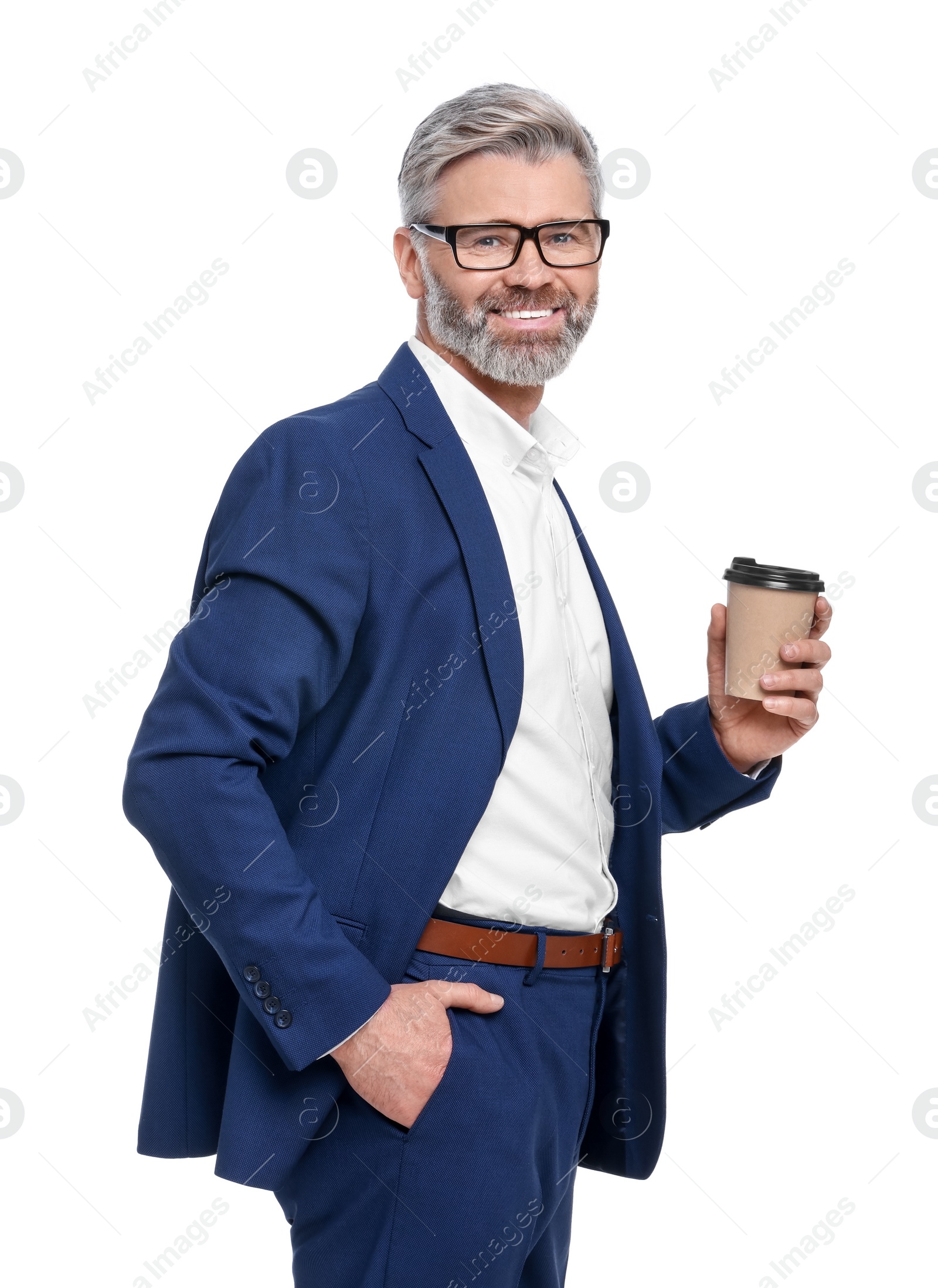 Photo of Mature businessman in stylish clothes with cup of drink on white background