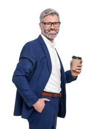 Mature businessman in stylish clothes with cup of drink on white background