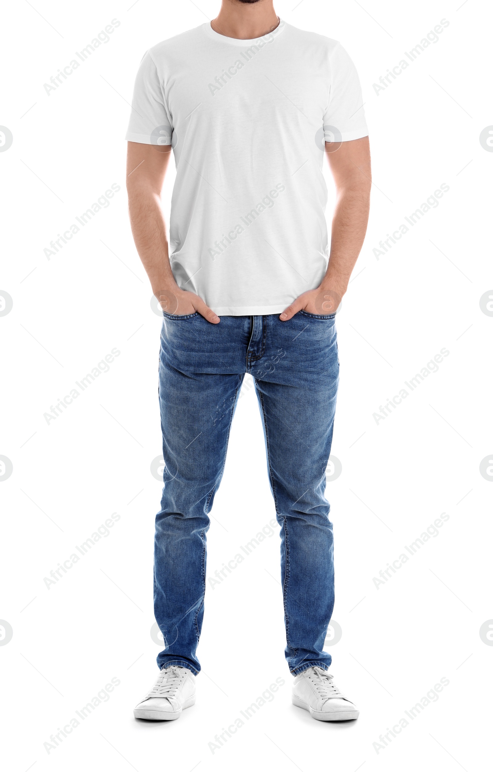 Photo of Young man on white background, closeup. Weight loss