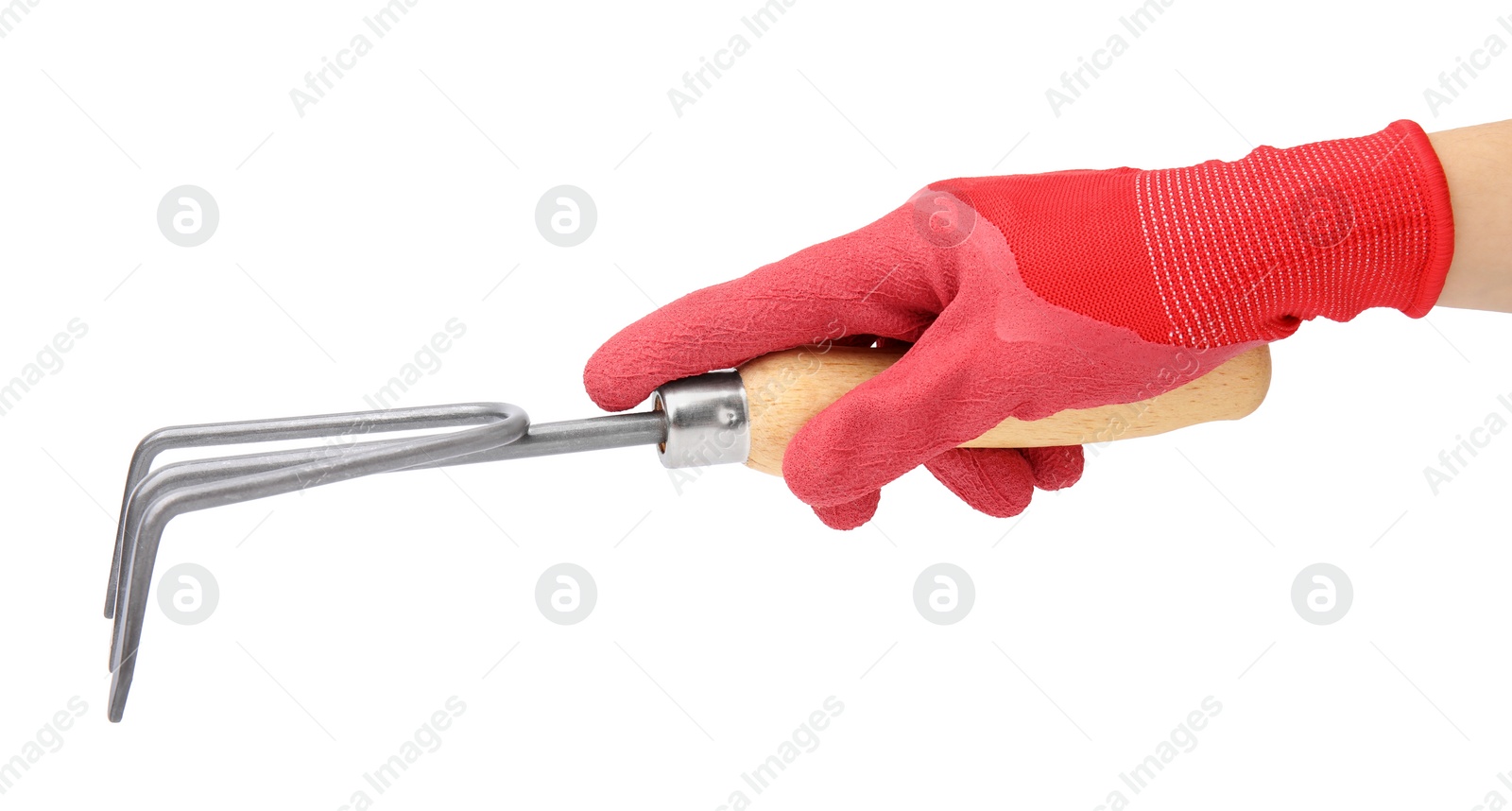 Photo of Woman in gardening glove holding rake on white background, closeup