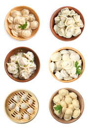 Image of Set of tasty dumplings isolated on white, top view