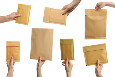 Image of Collage with photos of people holding paper envelopes on white background, closeup