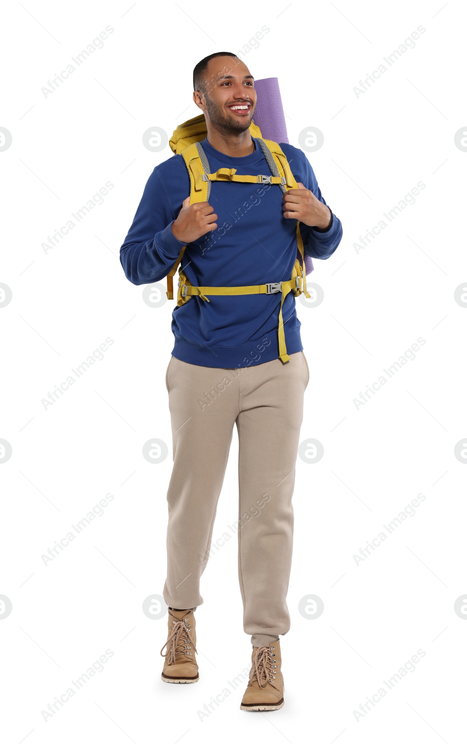 Photo of Happy tourist with backpack on white background