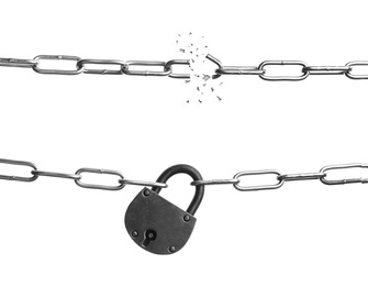 Image of Broken metal chain on white background. Freedom concept 