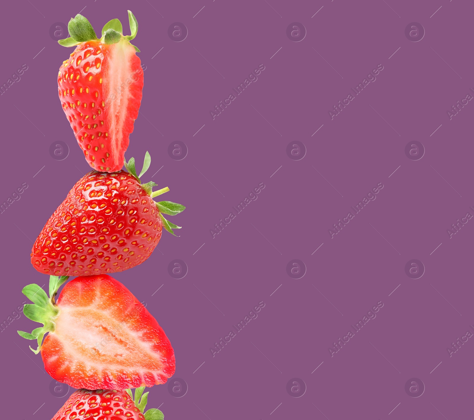 Image of Stack of fresh strawberries on pale purple background, space for text