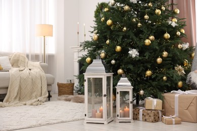 Photo of Christmas tree in furnished living room. Festive interior design