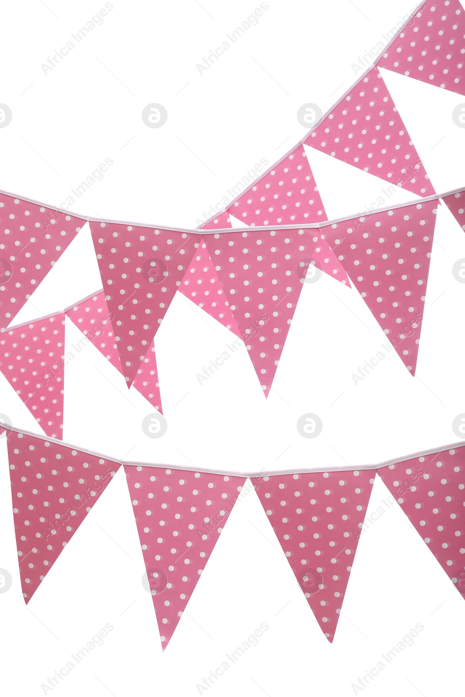 Photo of Rows of triangular bunting flags on white background. Festive decor