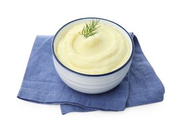 Photo of Bowl with freshly cooked homemade mashed potatoes and napkin isolated on white