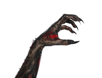 Photo of Scary monster on white background, closeup of hand. Halloween character