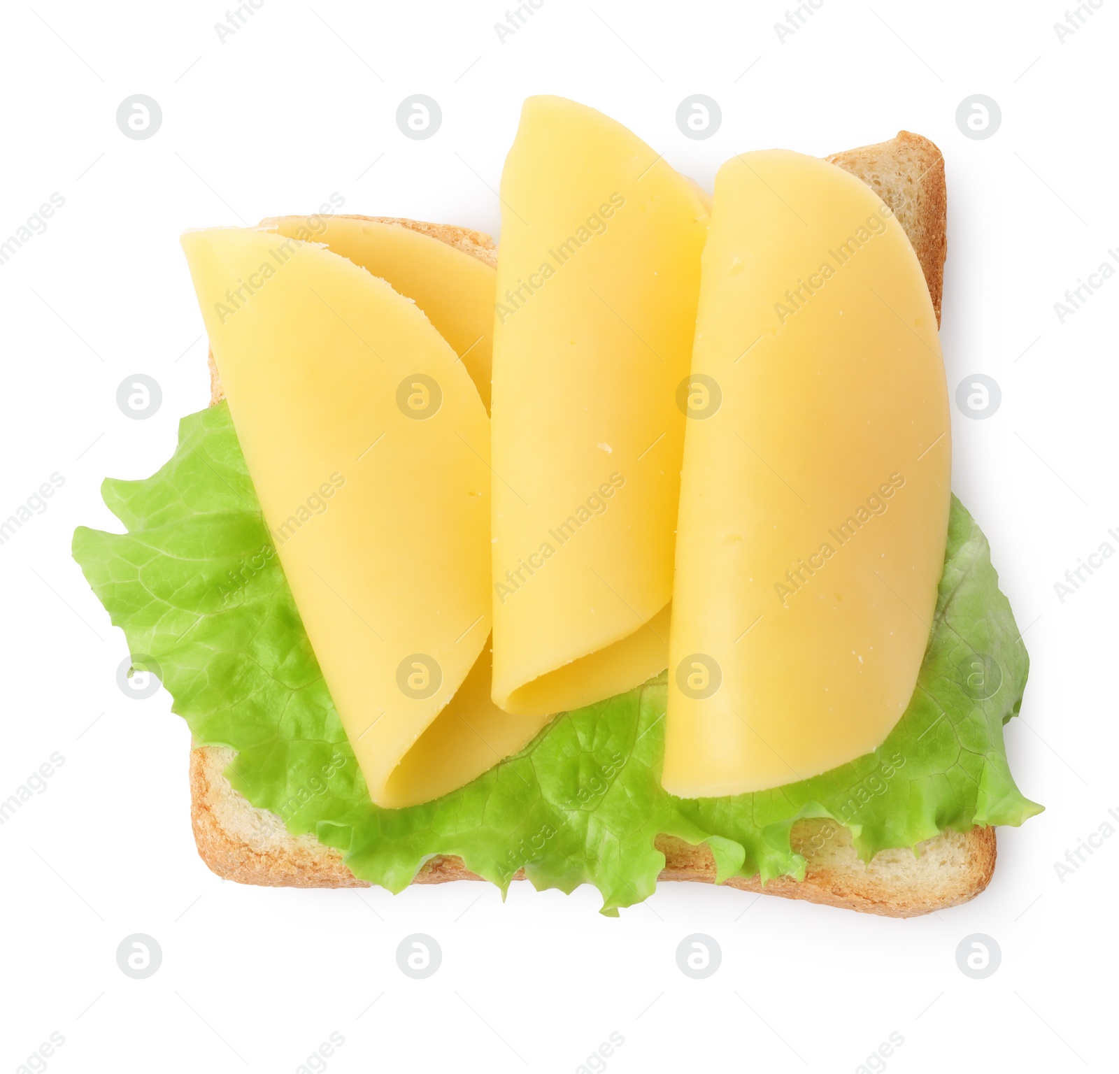 Photo of Tasty sandwich with slices of fresh cheese and lettuce isolated on white, top view