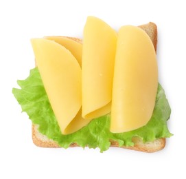 Tasty sandwich with slices of fresh cheese and lettuce isolated on white, top view