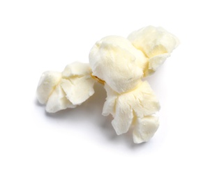 Delicious salty popcorn on white background