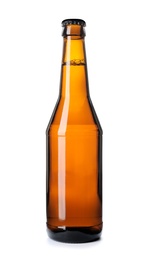 Photo of Bottle of cold beer on white background