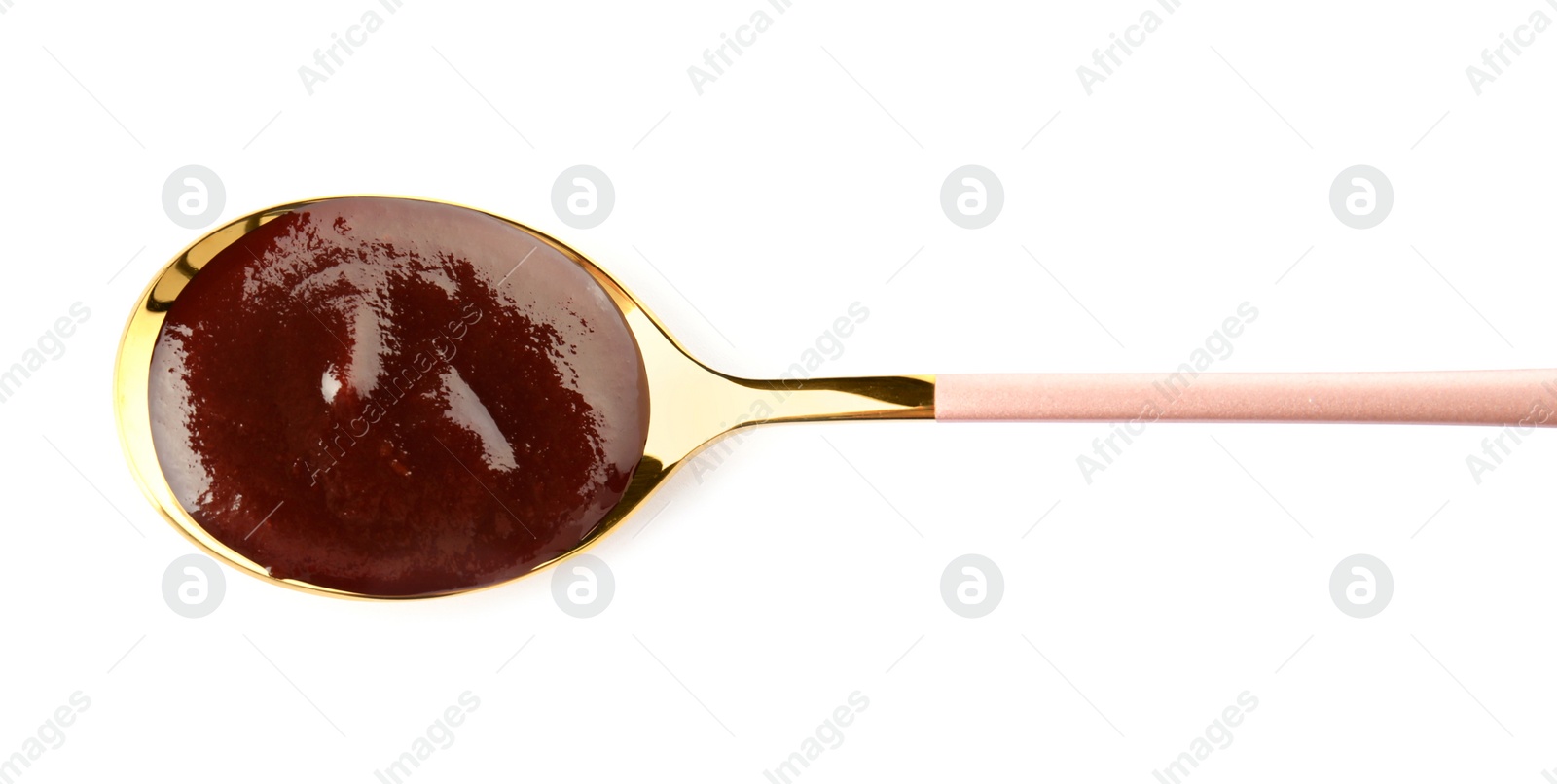 Photo of Spoon with hot barbecue sauce on white background