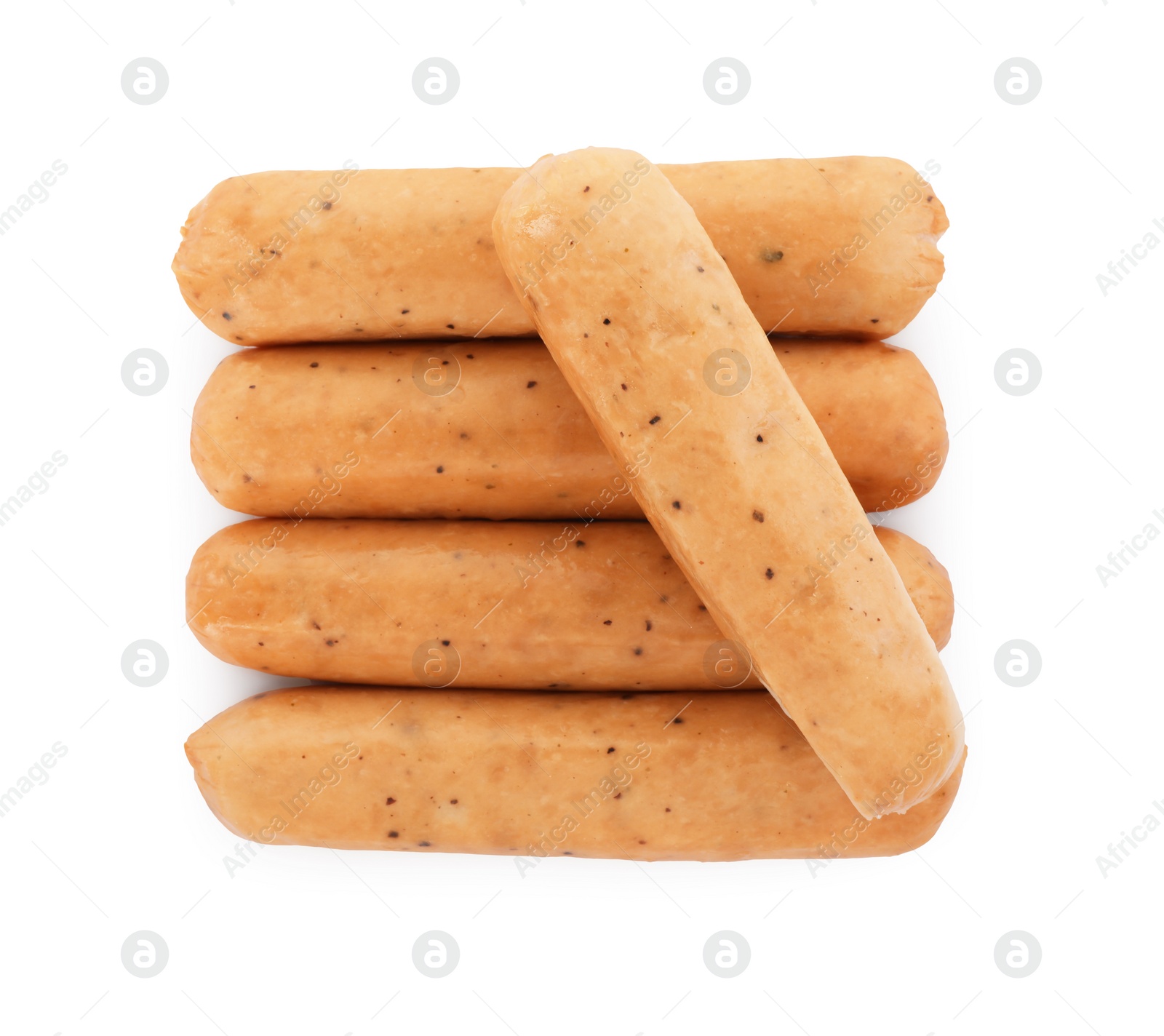 Photo of Raw sausages isolated on white, top view. Vegan meat product