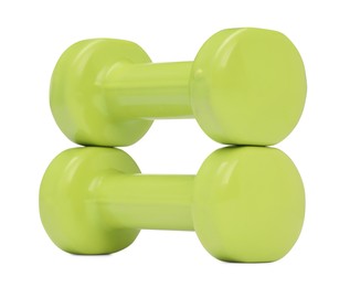 Light green dumbbells isolated on white. Sports equipment