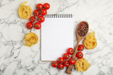 Photo of Recipe book and ingredients on white marble table, flat lay with space for text. Cooking classes