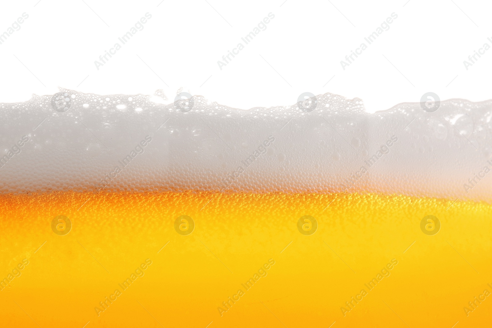 Photo of Tasty beer with foam in glass, closeup