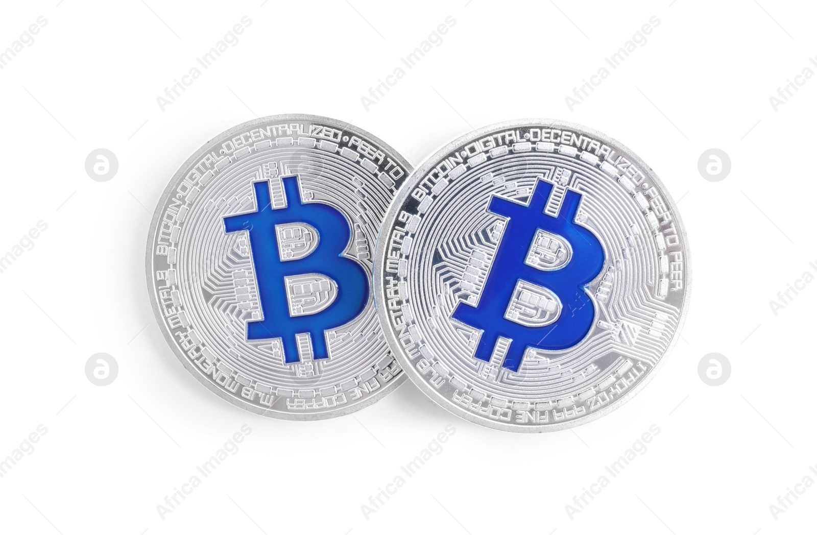 Photo of Bitcoins isolated on white, top view. Digital currency