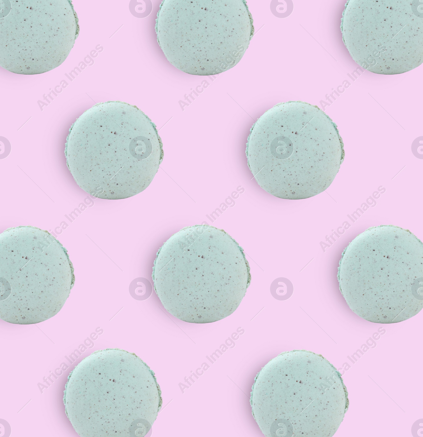 Image of Delicious macarons on lilac background, flat lay 